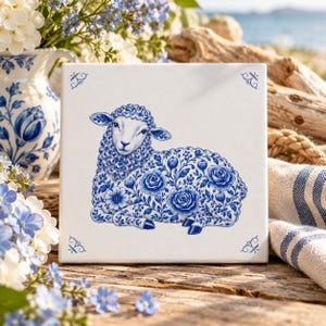 Sheep tile, Delft Blue tile, 3.94" x 3.94", Delft Blue, Backsplash, Sheep, Blue Sheep, Sheep lover gift, Sheep decor, ceramic tile, farmer