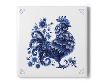 Pollo, 3,94" x 3,94", Azulejo de cerámica Delft Blue, Azulejo Delft Blue, Salpicadero, Decoración de cocina, Azulejo de pollo, Decoración de pollo, Gallo, Pascua