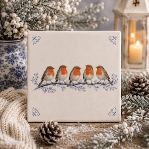 May include: A square ceramic tile featuring a central illustration of five European robins with orange-red breasts perched in a row on a blue-toned branch. The tile has a cream-colored background and small blue decorative flourishes in each corner.