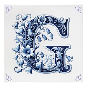Alphabet, Anfangsbuchstabe G, Alphabetfliese, Fliese, Delfter Blau, Küchenfliese, Badezimmerfliese, Wandkunst, Küche, Alphabetgeschenk, individuell, blaue Initiale, G