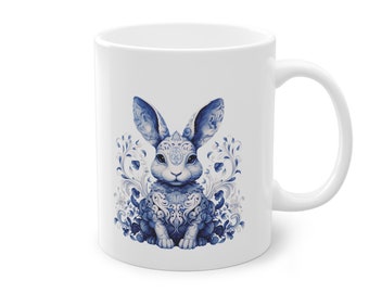 Królik Delft Blue, standardowy kubek, 11 uncji, kubek, królik, rok królika, znak zodiaku, chiński, ceramika, kawa, kubek, kubek królik, niebieski kubek, kubki