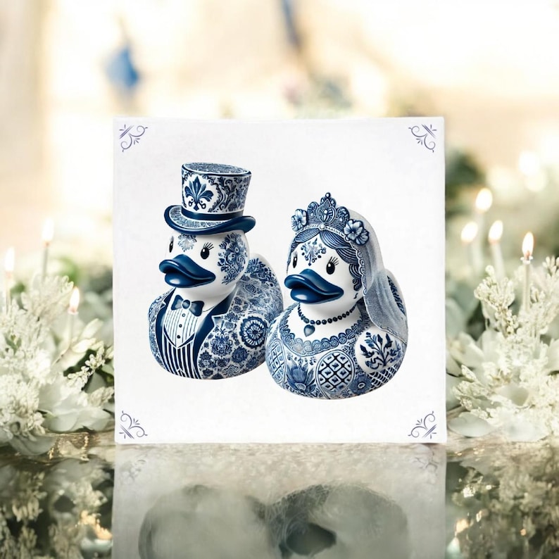May include: A pair of blue and white ceramic duck figurines, one wearing a top hat and the other a crown and veil. The ducks are decorated with intricate patterns and are a whimsical wedding decoration.