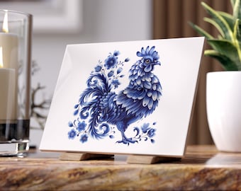 Azulejo de cerámica con gallo y gallina, 15 x 20 cm, azulejo azul de Delft, azulejo con animales, azul de Delft, regalo para ella, cerámica, Pascua, regalo de Pascua, granja