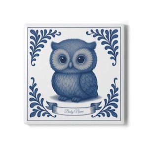 Owl, 3.94&#39;&#39; x 3.94&#39;&#39;, Delft Blue, Delft Blue tile, Birth tile, Birth gift, Newborn gift, Personalized birth gift, Baby Name, Custom name