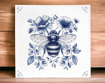 Abeja, azulejo, azul de Delft, azulejo azul de Delft, azul real, abeja melífera, abejorro, regalo para ella, para mamá, abejas, azul, insecto, cerámica, azul, para él