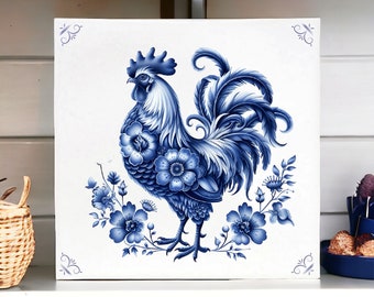 Gallo azul de Delft, azulejo azul de Delft, azulejo, azulejos azul de Delft, azulejo de animal, azul de Delft, regalo para ella, cerámica, Pascua, regalo de Pascua, gallo
