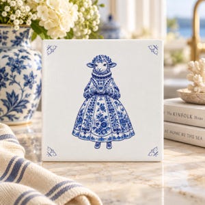 Sheep tile, Delft Blue Sheep tile, 3.94" x 3.94", Delft Blue, Backsplash, Blue and White Ceramic tile, Floral Lamb decor, Cottage gift, Lamb