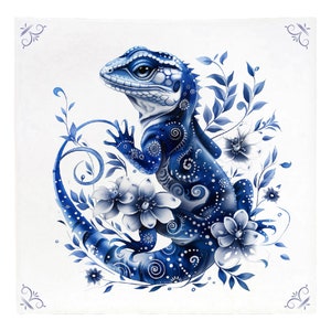 May include: A blue and white illustration of a lizard with floral details. The lizard is curled up in a circle with its tail wrapped around its body. The flowers are white with blue centers and are surrounded by blue leaves.