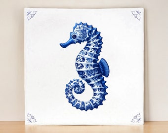 Seahorse, Sealife, tile, delft blue, delft blue tile, royal blue, animal, kitchen tile, bathroom tile, backsplash, wall art, Sea, Ceramic