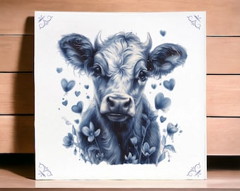 Vaca, Decoración de vaca, Azulejo de cerámica azul de Delft, Vaca, Azulejo de vaca, Cerámica azul, Azulejo azul de Delft, Vaca holandesa, Amante de las vacas, Regalo de vaca