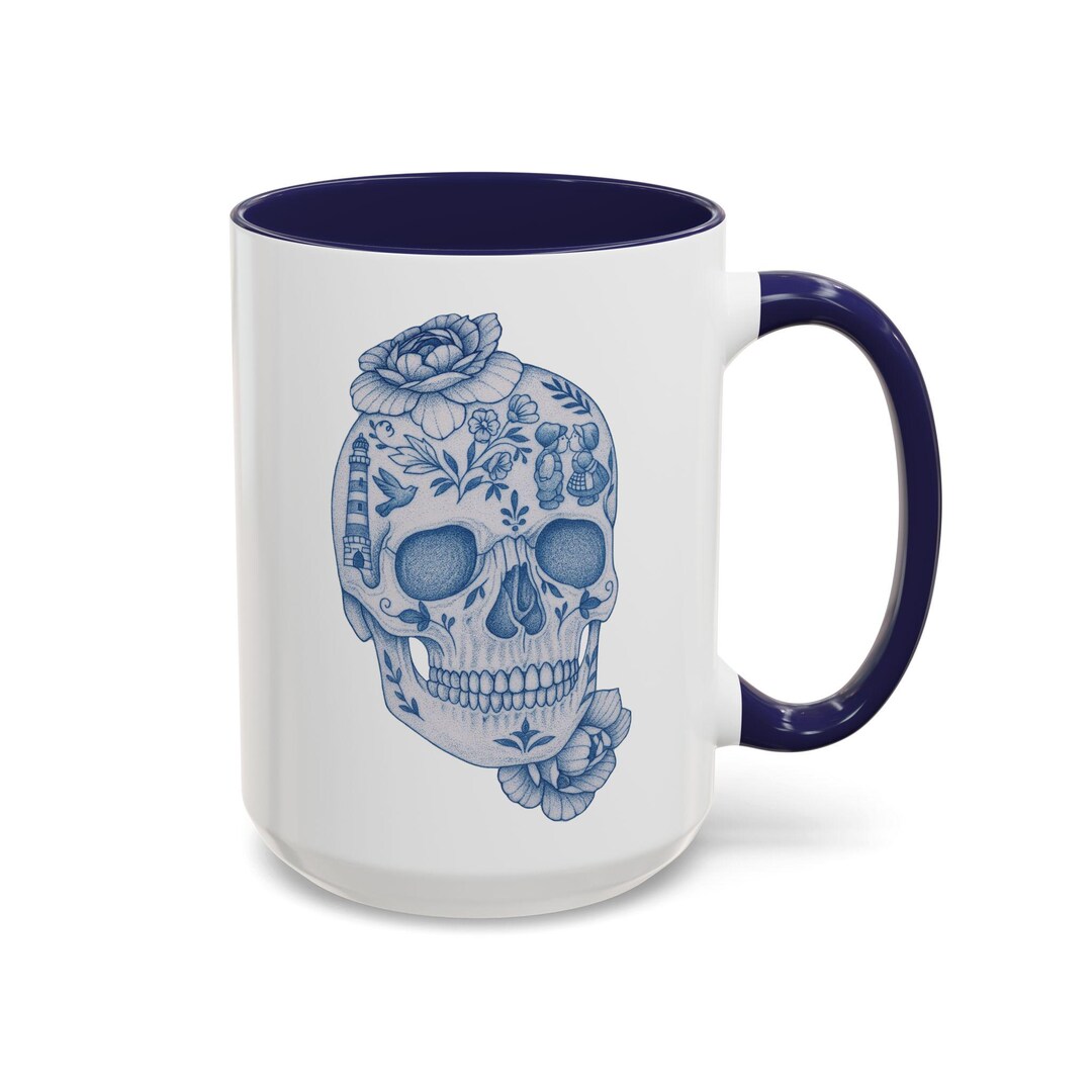 Delft Blue Skull Mug, Tattoo-inspired Ceramic Coffee Mug, Delft Blue ...