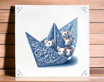 Mice, Paper Boat, tile, delft blue, kitchen tile, bathroom tile, wall art, kitchen, delft blue tile, backsplash, Boat, Paper Art, Mouse