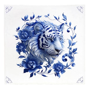 May include: A white tiger with blue and white stripes is surrounded by blue flowers and leaves in a blue and white porcelain style design.