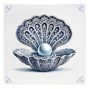 May include: A white pearl sits inside a silver, ornate seashell with intricate designs. The shell is open and the pearl is visible in the centre.