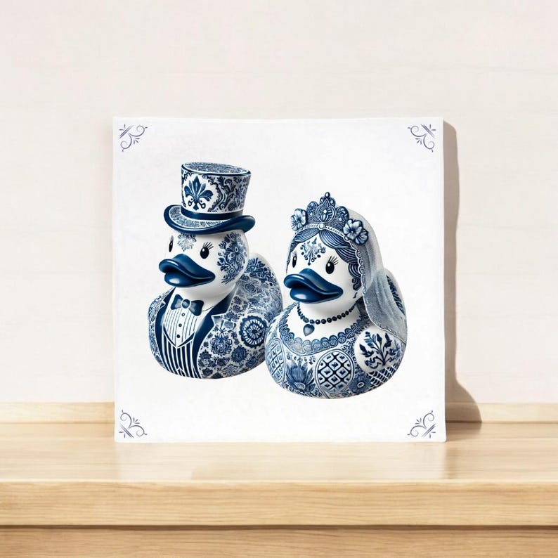 May include: A pair of blue and white ceramic duck figurines, one wearing a top hat and the other a crown and veil. The ducks are decorated with intricate floral patterns.