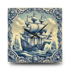 Schiffsmotiv, Acryl-Wanduhr, Vintage-Dekor im maritimen Stil, Delfter Blau, Einzigartiges Geschenk für Meeresliebhaber, Seemannsmotiv, Nautische Uhr, VOC-Dekor