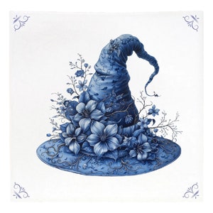 May include: A blue witch's hat with a pointed crown and a wide brim, decorated with blue flowers and leaves.