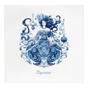 May include: A blue and white illustration of the astrological sign Aquarius. The image features a woman with flowing hair and a decorative dress, surrounded by intricate floral designs. The word "Aquarius" is written below the image.