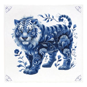 May include: A blue and white illustration of a tiger with a floral pattern. The tiger is standing on a white background.