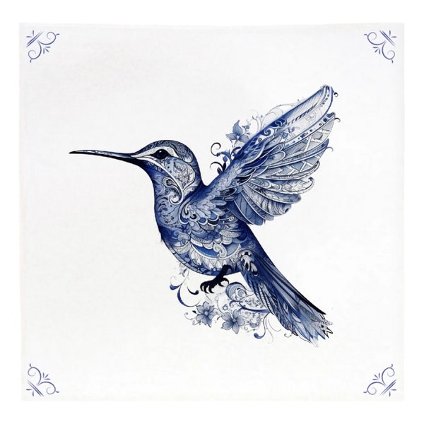 Colibri, bleu de Delft, carrelage bleu de Delft, carrelage, colibri, oiseau, amoureux des oiseaux, cadeau pour elle, cadeau pour ami, oiseau tropical, oiseau bleu, carrelage