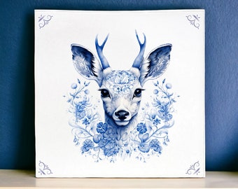 Delft blue, ceramic tile, blue tile, wall tile, deer, tile, tile art, royal blue, blue and white, Bambi