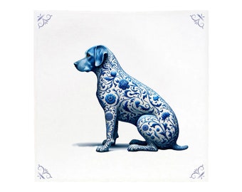 Könnte beinhalten: Eine Illustration eines blauen und weißen Porzellan-Hundes mit einem floralen Muster. Der Hund sitzt mit dem Kopf zur Seite gedreht.