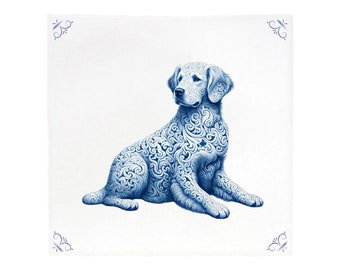 Könnte beinhalten: Eine blaue und weiße Keramikfliese mit einer detaillierten Illustration eines Hundes. Der Hund sitzt mit dem Kopf zur Seite gedreht und sein Körper ist mit komplizierten Blumenmustern bedeckt.