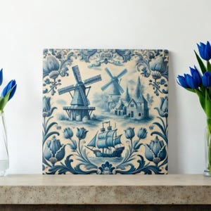 Molino de viento, azulejos de cerámica, azul de Delft, azulejos de cocina, azulejos de baño, cocina, azul de Delft, protector contra salpicaduras, azulejos para protector contra salpicaduras, decoración de molino de viento, azul
