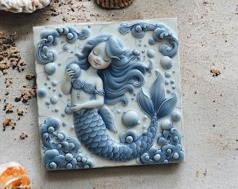 Mermaid, Delft blue, Delft Blue, delft blue tile, tile, ceramic, tiles, little mermaid, bathroom tile, gift for her, blue, gift for mom