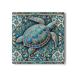 May include: Square canvas art depicting a detailed, stylized sea turtle in shades of blue and gold. The turtle is centered on a background of intricate, swirling patterns in teal and cream. The artwork has a decorative, ornate style.