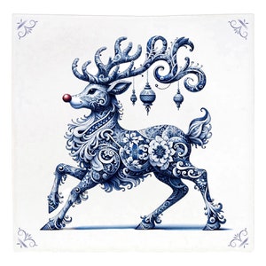 Rudolph, Renna, piastrella, blu di Delft, Natale, piastrelle da cucina, piastrelle da bagno, arte murale, paraschizzi, regalo di Natale, Rudolph Renna, Naso rosso