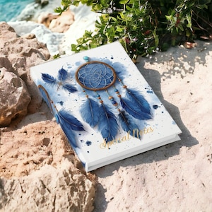 Traumfänger, Tagebuch, linierte Linie, Tagebuch, spirituell, Meditation, spirituelles Geschenk, Hexengeschenk, Ibiza, Träume, Notizbuch, Notizen, Feder, blau