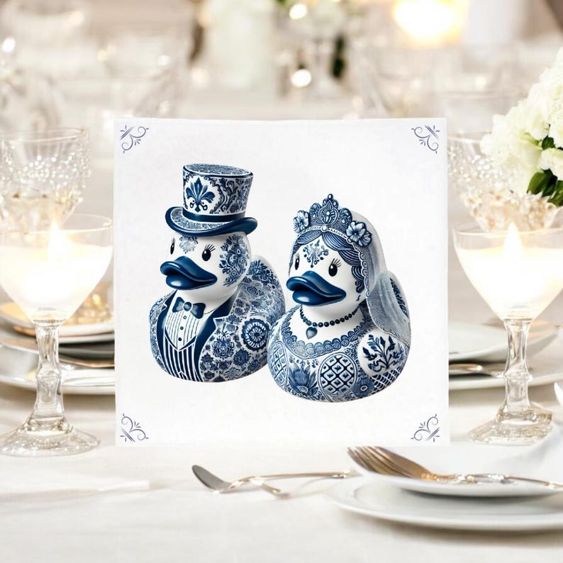 May include: A pair of blue and white ceramic duck figurines dressed as a bride and groom. The groom is wearing a top hat and the bride has a veil. The figurines are on a white background.