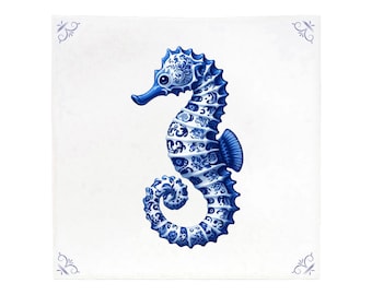Seahorse, Sealife, tile, delft blue, delft blue tile, royal blue, animal, kitchen tile, bathroom tile, backsplash, wall art, Sea, Ceramic