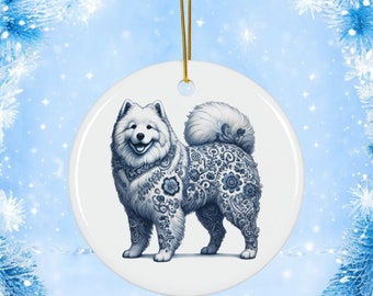 Samoieda, Azul Delft, Ornamento de Cerâmica, Sammy, Natal, Azul Delft, Cerâmica Azul Delft, Cachorro, Amante de Cachorros, Natal, Presente de Natal, Cachorros, Azul