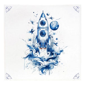 May include: A blue and white watercolor illustration of a rocket ship taking off. The rocket is surrounded by stylized clouds and butterflies. The rocket has a round window and a pointed nose. The background is white.