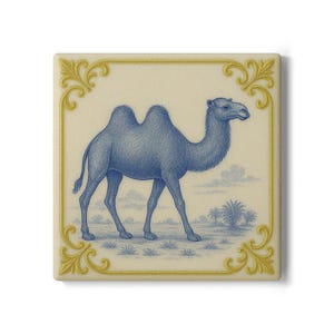 May include: A square ceramic tile with a blue illustration of a camel in a desert scene. The tile has a cream background and a gold decorative border. The camel is the central element of the design, depicted in a walking pose.