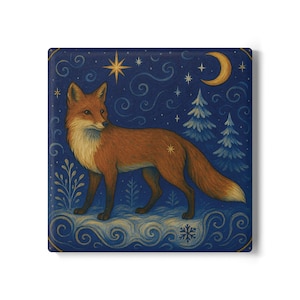 May include: Square decorative tile with a detailed illustration of a fox in a winter scene. The fox has orange fur and stands against a dark blue background with stars, a crescent moon, and stylized trees.