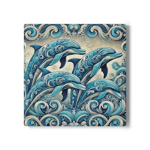 May include: A square canvas print featuring four stylized dolphins in shades of blue. The dolphins are surrounded by swirling wave patterns and decorative scrollwork. The artwork has a vintage, artistic style.