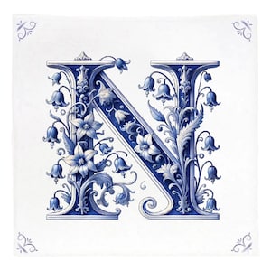 Alphabet, Anfangsbuchstabe N, Alphabetfliese, Fliese, Delfter Blau, Küchenfliese, Badezimmerfliese, Backsplash, Küche, Alphabetgeschenk, individuell, blaue Initiale