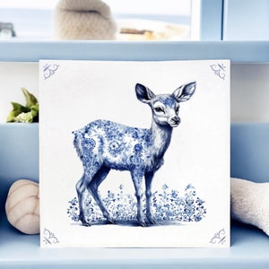Deer, tile, delft blue, kitchen tile, bathroom tile, wall art, kitchen, delft blue tile, blue ceramic, backsplash, Roe, Roe deer, ceramic