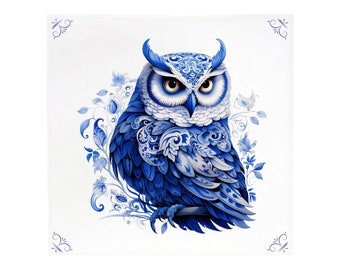 Delft Blue, Delft Blue Ceramic Tile, Delft Blue Owl, Owl, Owl Tile, Tawny Owl, Blue Owl, Owl, Owls, Owl Decor, Halloween Owl