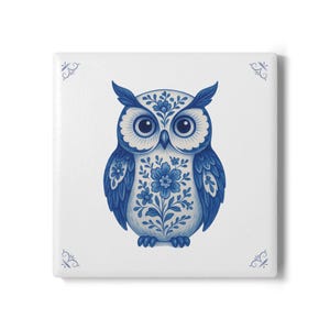 Owl, 3.94x3.94 inch, Delft Blue, ceramic tile, Delft Blue tile, Backsplash, Kitchen decor, Bathroom, Vintage tile, Owl decor, Bird lover