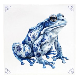 May include: A detailed illustration of a blue and white frog with intricate floral patterns. The frog is sitting on a white background, with decorative corner accents. The frog's design is reminiscent of Delftware pottery.