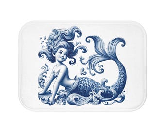 Mermaid Bath Mat, Delft Blue Design, Little Mermaid, Bathroom Decor, Mermaid Gift, Delft Blue Mermaid, Delft Blue, Mermaid, blue and white