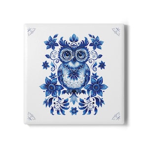 Owl, 3.94x3.94 inches, Delft Blue, Delft Blue tile, Backsplash, Kitchen decor, Bathroom decor, Vintage tile, Owl decor, Owl gift, Bird lover