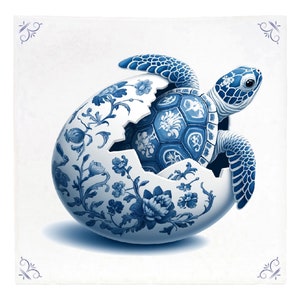 May include: A blue and white ceramic turtle hatching from a blue and white floral egg. The turtle is detailed with blue and white scales and has a blue and white shell.