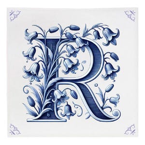 May include: A blue and white illustration of the letter "R" surrounded by stylized blue flowers. The letter is in a decorative font and the flowers are detailed with delicate lines.