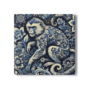 May include: Square canvas art featuring a monkey with intricate white and blue patterns. The monkey is surrounded by floral designs in shades of blue and white, creating a detailed and artistic composition. The artwork has a vintage aesthetic.