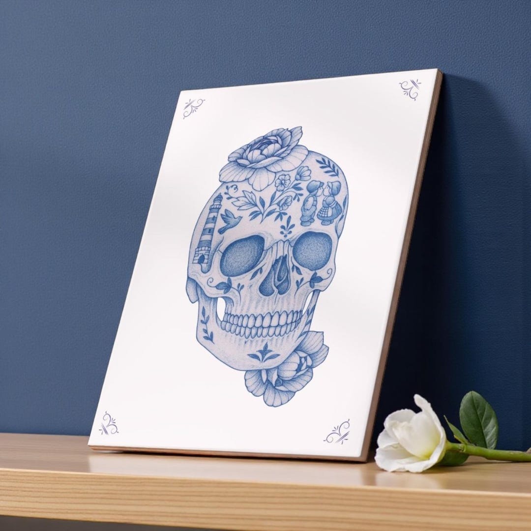 Delft Blue Skull Tile, Skull Decor, 6x8 Inch Tile, Dutch Delft Skull ...